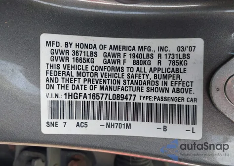 2007 Honda Civic Lx из США, поврежденный, VIN 1HGFA16577L089477